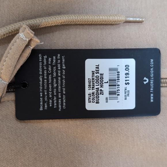 NWT True Religion Brand Jeans Size L Tan/Brown Zip Up Hoodie With Buddha Logo - Picture 4 of 8